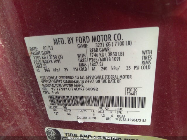 2013 FORD F-150 XL/XLT/FX2/LARIAT VIN: 1FTFW1CT4DKF36092