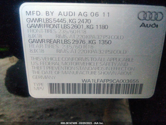 2012 AUDI Q5 2.0T PREMIUM PLUS VIN: WA1LFAFP9CA003655