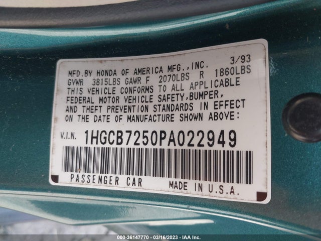 1993 HONDA ACCORD LX VIN: 1HGCB7250PA022949