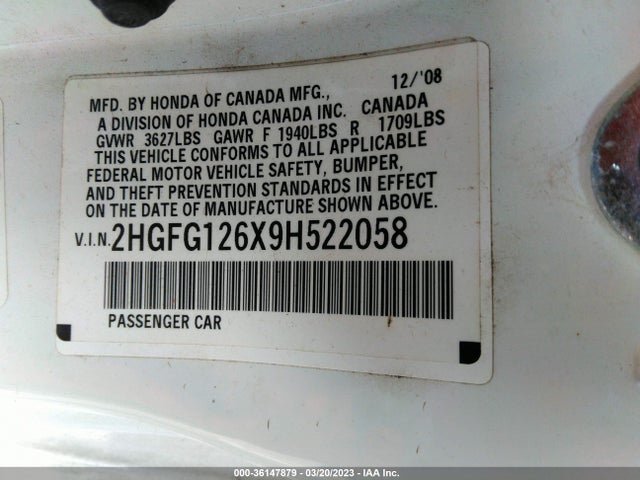 2009 HONDA CIVIC CPE LX VIN: 2HGFG126X9H522058