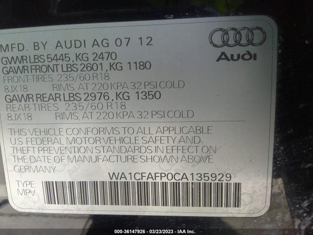 2012 AUDI Q5 2.0T PREMIUM VIN: WA1CFAFP0CA135929