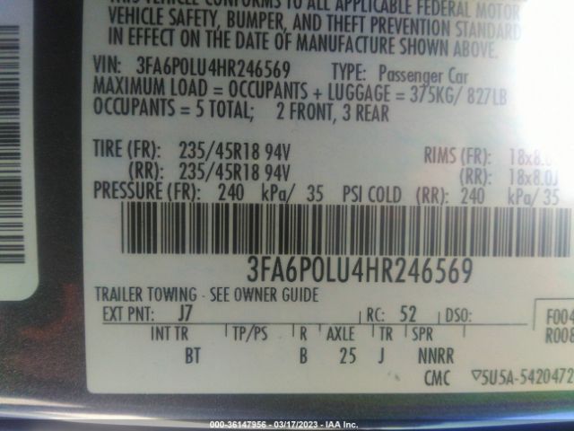 3FA6P0LU4HR246569 Ford Fusion Hybrid Se