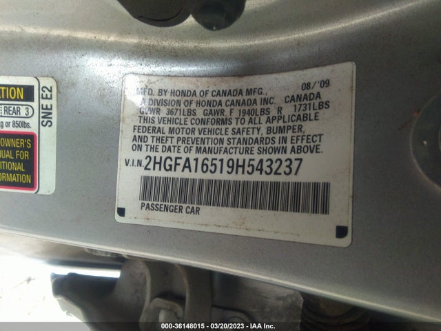 2009 HONDA CIVIC SDN LX VIN: 2HGFA16519H543237