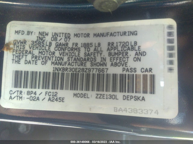 2008 TOYOTA COROLLA CE/S/LE VIN: 1NXBR30E28Z977667