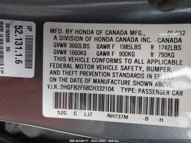 2012 HONDA CIVIC SDN HF VIN: 2HGFB2F68CH332104