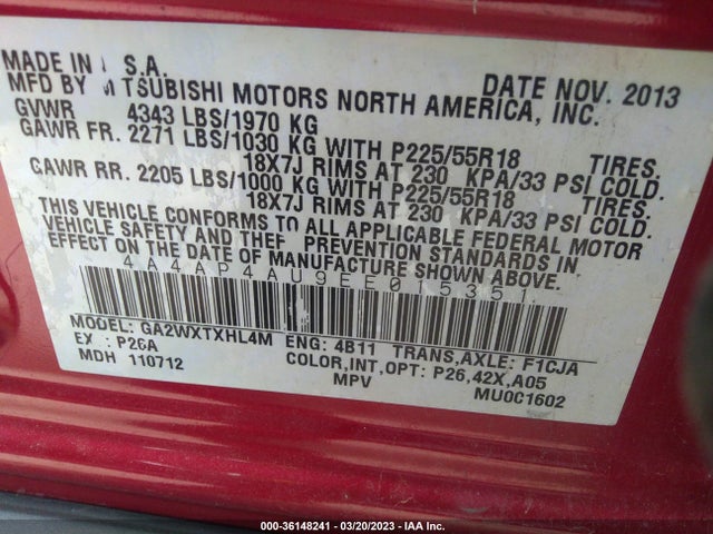 4A4AP4AU9EE015351 Mitsubishi Outlander Sport Se