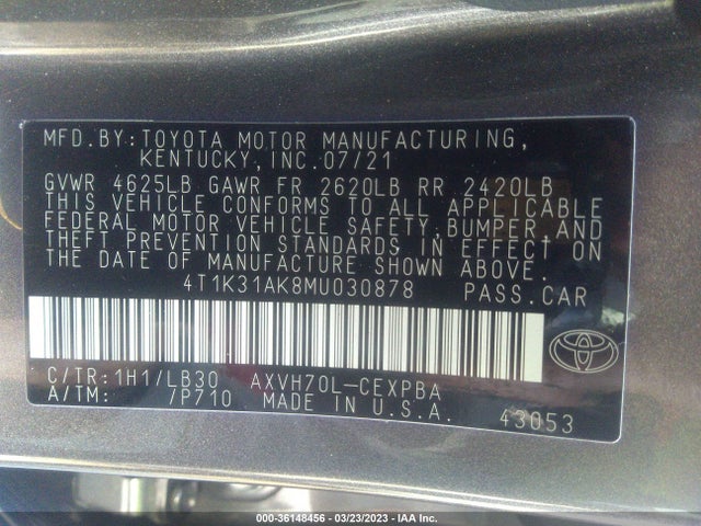 2021 Toyota Camry, VIN: 4T1K31AK8MU030878