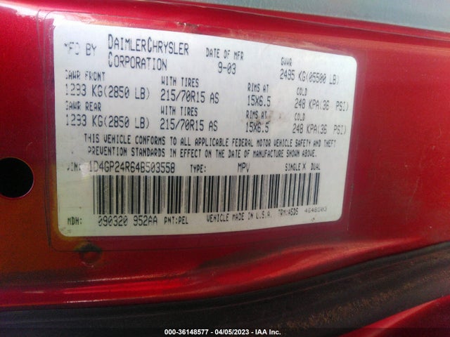 2004 DODGE GRAND CARAVAN SE VIN: 1D4GP24R64B503558
