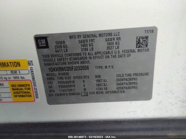 GMC ACADIA SLE 2015 1GKKRNED5FJ232656 Image 9