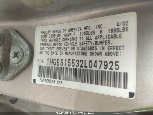 2002 HONDA CIVIC LX VIN: 1HGES15532L047925
