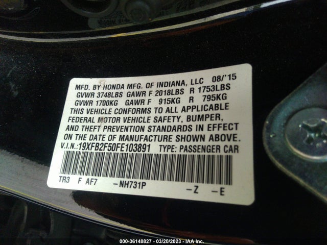 2015 HONDA CIVIC SEDAN LX VIN: 19XFB2F50FE103891