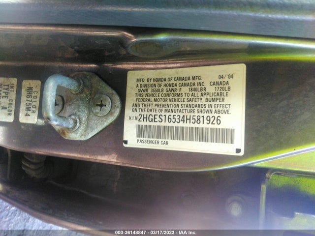2004 HONDA CIVIC LX VIN: 2HGES16534H581926
