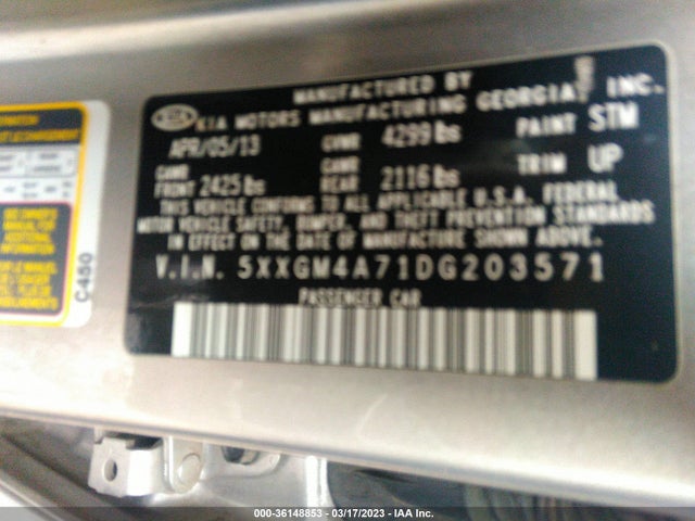 36148853 :رقم المزاد ، 5XXGM4A71DG203571 vin ، 2013 Kia Optima Lx مزاد بيع