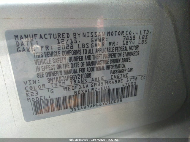 2016 NISSAN SENTRA SR VIN: 3N1AB7AP6GY210088