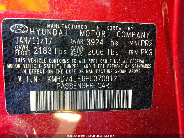 2017 HYUNDAI ELANTRA SE VIN: KMHD74LF6HU370812