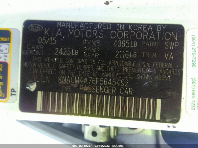 KNAGM4A76F5645492 KIA Optima Lx