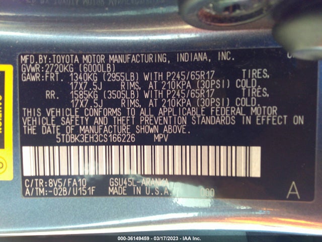 2012 TOYOTA HIGHLANDER VIN: 5TDBK3EH3CS166226