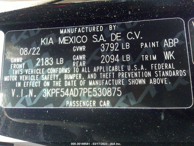 2023 KIA FORTE GT LINE VIN: 3KPF54AD7PE530875