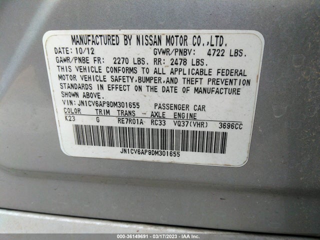 2013 INFINITI G37 SEDAN JOURNEY VIN: JN1CV6AP9DM301655