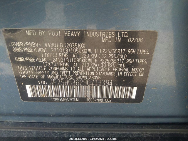 2009 SUBARU FORESTER X W/PREMIUM PKG VIN: JF2SH63629G713394