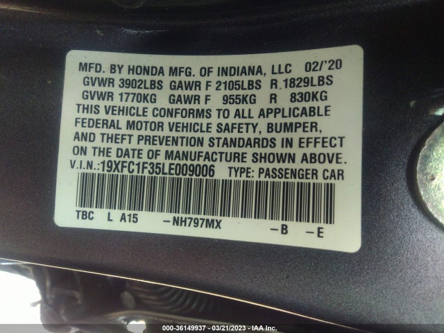 2020 HONDA CIVIC SEDAN EX VIN: 19XFC1F35LE009006