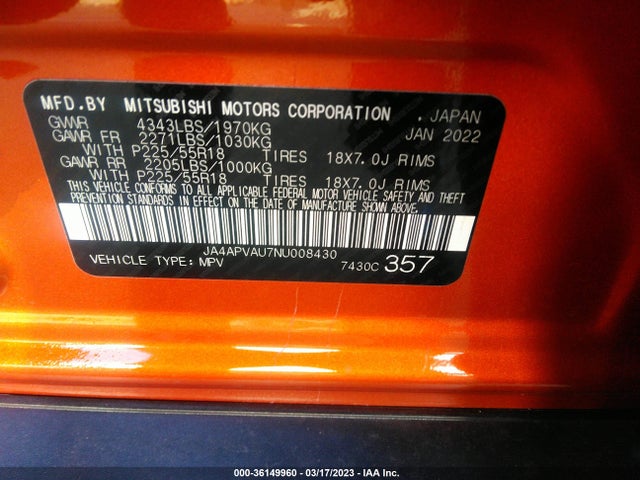 JA4APVAU7NU008430 Mitsubishi Outlander Sport Se