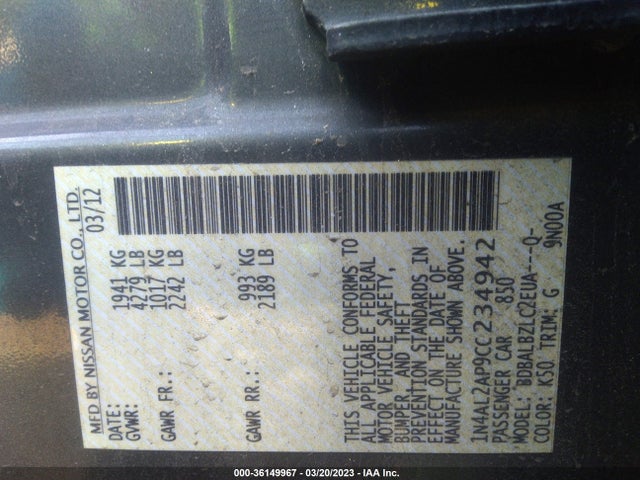 Nissan Altima 2.5 S 2012 1N4AL2AP9CC234942 Image 11