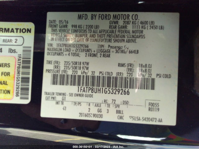 2016 FORD MUSTANG ECOBOOST PREMIUM VIN: 1FATP8UH1G5329266