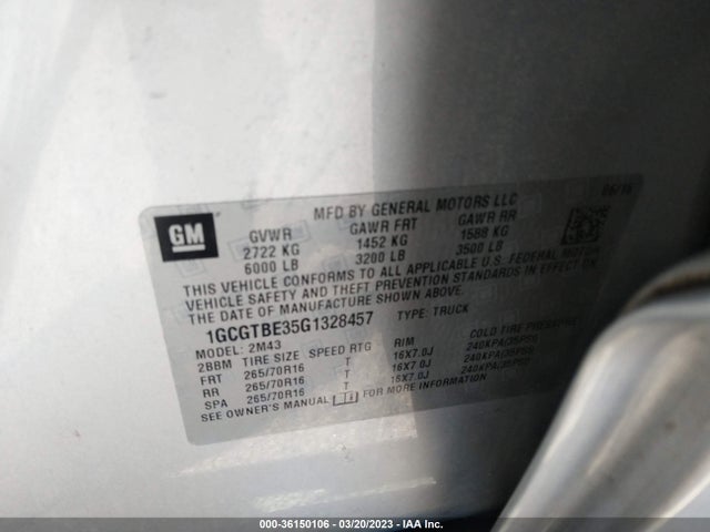 Chevrolet Colorado 4wd Wt 2016 1GCGTBE35G1328457 Image 9