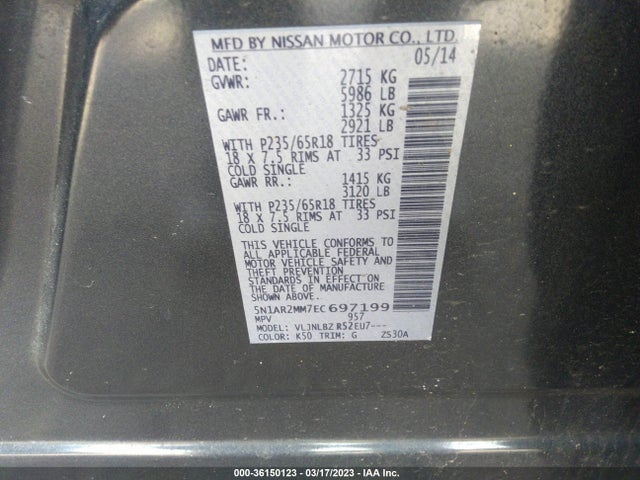 2014 NISSAN PATHFINDER S VIN: 5N1AR2MM7EC697199