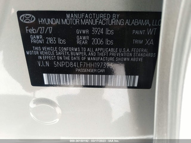 2017 HYUNDAI ELANTRA SE VIN: 5NPD84LF7HH197393