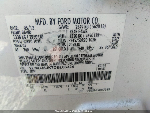 2013 LINCOLN MKX VIN: 2LMDJ8JK7DBL06324