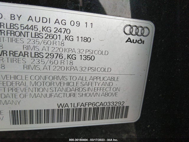2012 AUDI Q5 2.0T PREMIUM PLUS VIN: WA1LFAFP6CA033292