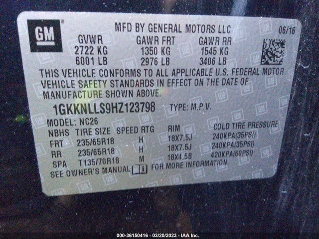 GMC ACADIA SLE 2017 1GKKNLLS9HZ123798 Image 9