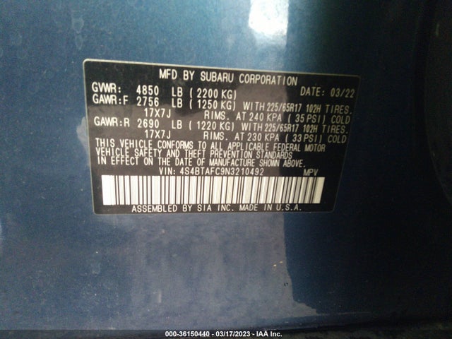 2022 SUBARU OUTBACK PREMIUM VIN: 4S4BTAFC9N3210492