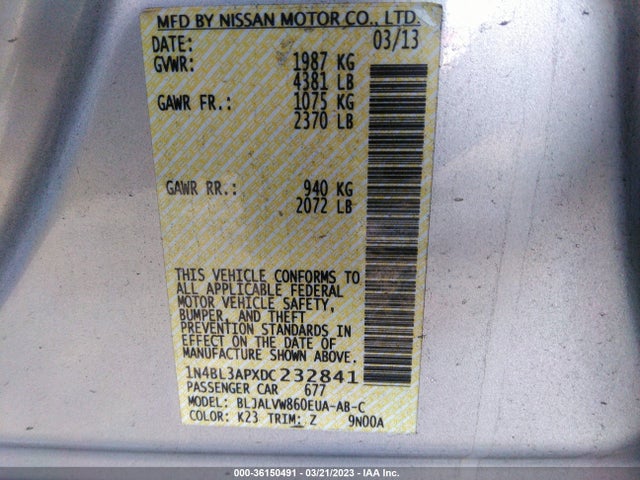 2013 NISSAN ALTIMA 3.5 SL VIN: 1N4BL3APXDC232841