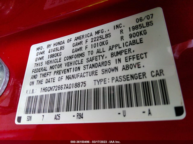 2007 HONDA ACCORD CPE EX-L VIN: 1HGCM72667A018875
