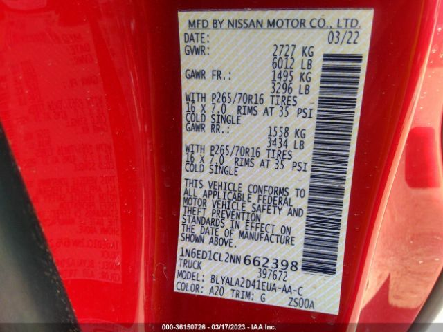 1N6ED1CL2NN662398 Nissan FRONTIER S