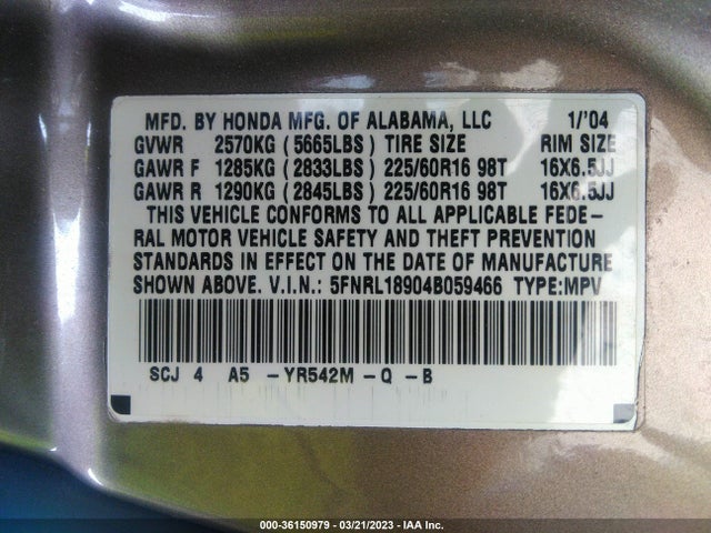 2004 HONDA ODYSSEY EX-L VIN: 5FNRL18904B059466