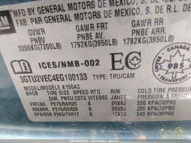 3GTU2VEC4EG100133 GMC Sierra 1500 Slt