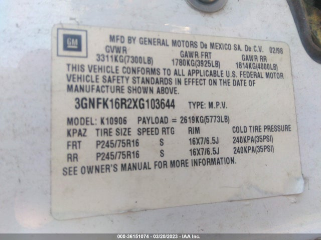 Chevrolet Suburban 1999 3GNFK16R2XG103644 Image 10