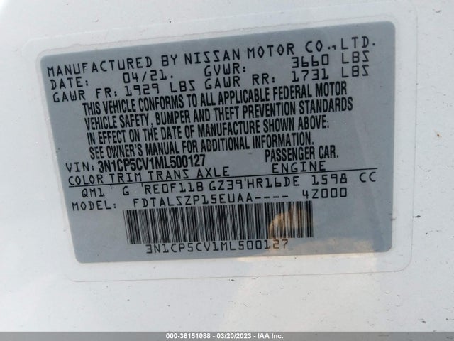 2021 NISSAN KICKS SV VIN: 3N1CP5CV1ML500127