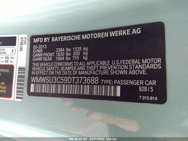 2013 MINI COOPER HARDTOP WMWSU3C59DT373688 Photo 8