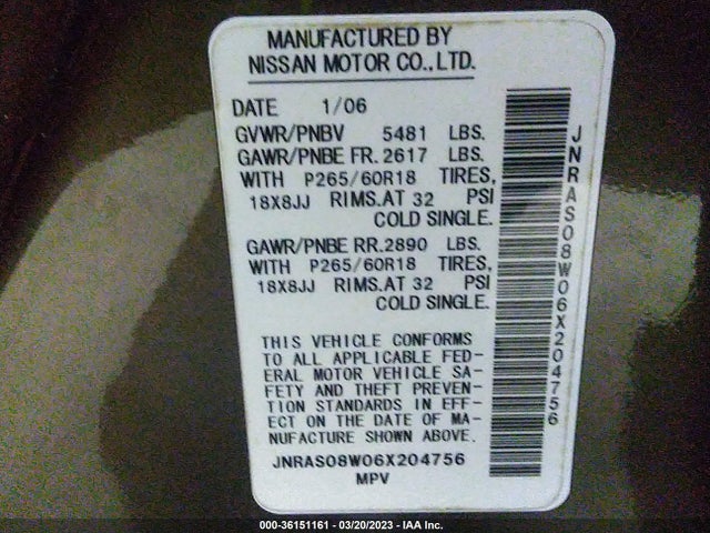 2006 INFINITI FX35 VIN: JNRAS08W06X204756