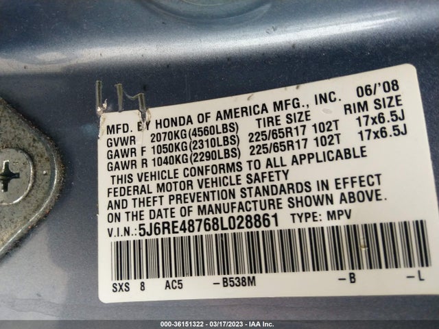 2008 HONDA CR-V EX-L VIN: 5J6RE48768L028861