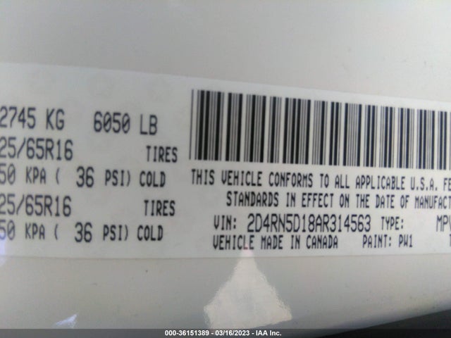 2010 Dodge Grand Caravan Sxt მანქანა იყიდება აუქციონზე, vin: 2D4RN5D18AR314563, აუქციონის ნომერი: 36151389