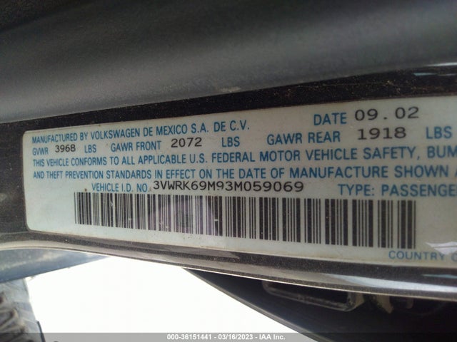 2003 VOLKSWAGEN JETTA SEDAN GL VIN: 3VWRK69M93M059069