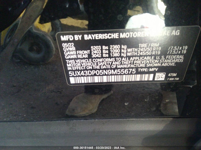 2022 BMW X3 SDRIVE30I VIN: 5UX43DP05N9M55675