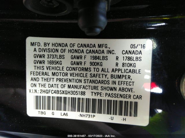 Honda Civic Coupe Lx 2016 2HGFC4B5XGH305188 Image 9
