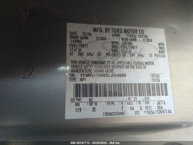 2006 FORD EXPEDITION LIMITED VIN: 1FMFU19586LA64888